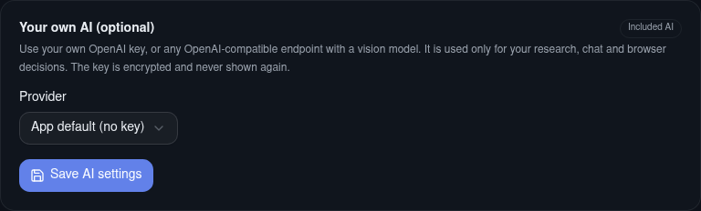 Optional BYOK settings for OpenAI or a vision-compatible AI endpoint