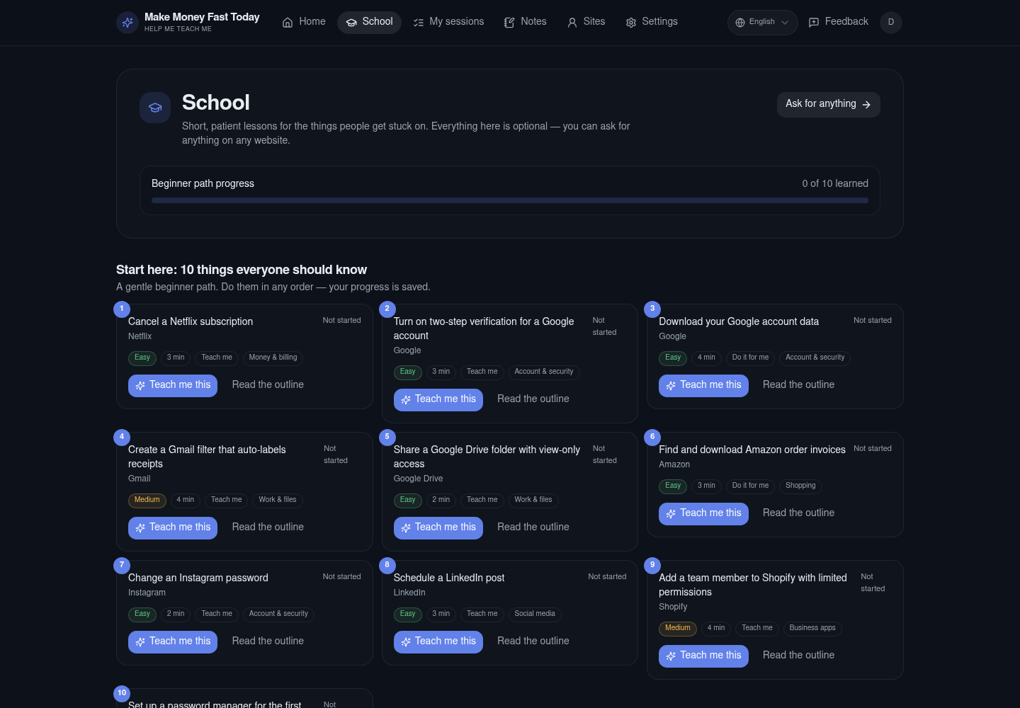 The public lesson library with money, account, marketplace and build tutorials