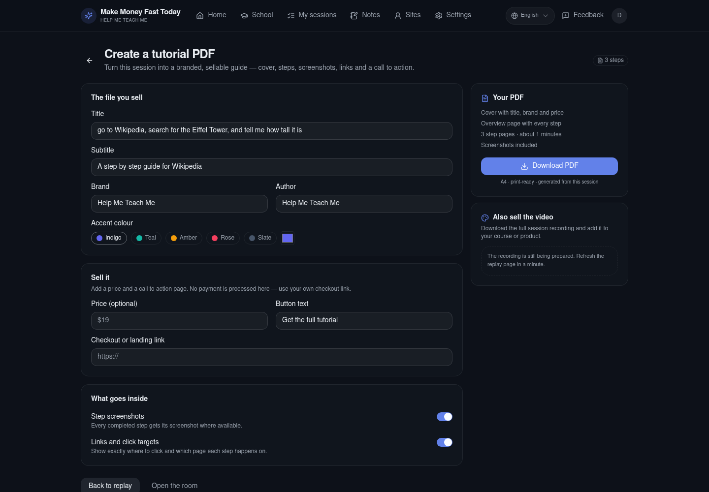 Turn a live session into a branded, sellable PDF tutorial